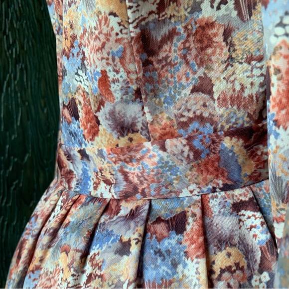 Handmade Vintage 1970 knee length poly secretary dress with collar browns & blue - Picture 2 of 12